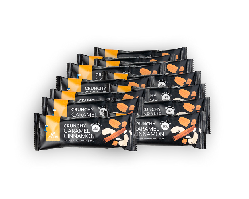 Crunchy Collagen Protein Bar Caramel Cinnamon, proteiinipatukka, Foodin, 50g, 12 kpl